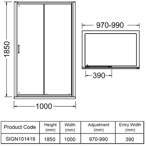 Signature Verve Sliding Shower Door 1000mm Wide - 6mm Glass