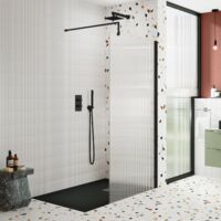 Nuie Fluted Wet Room Screen 1850mm High x 800mm Wide with Support Bar 8mm Glass - Matt Black