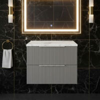 Hudson Reed Fluted Wall Hung 2-Drawer Vanity Unit with Carrera Marble Worktop 600mm Wide - Satin Grey