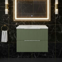 Hudson Reed Fluted Wall Hung 2-Drawer Vanity Unit with Carrera Marble Worktop 600mm Wide - Satin Green
