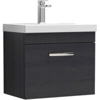Nuie Athena Charcoal Black Woodgrain 600mm Wall Hung Single Drawer Vanity Unit and Mid Edge Ceramic Basin - ATH040A
