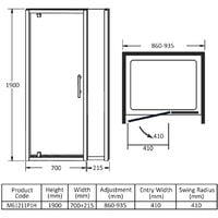 Merlyn 6 Series Pivot Shower Door 700mm Wide and 215mm Inline Panel - 8mm Glass