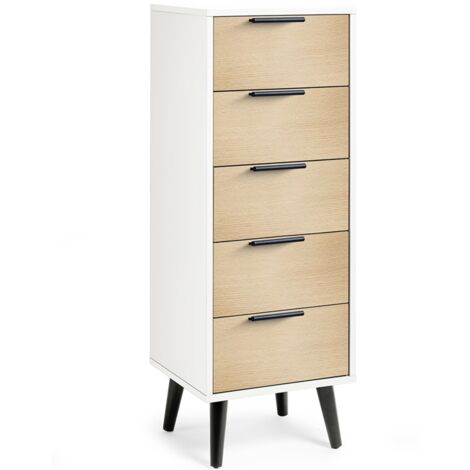 Oak and Matt White Narrow Chest of Drawers (5 Drawers)