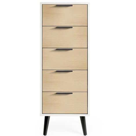 Oak and Matt White Narrow Chest of Drawers (5 Drawers)