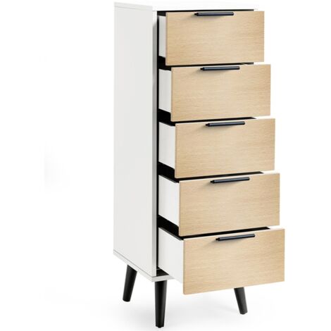 Oak and Matt White Narrow Chest of Drawers (5 Drawers)