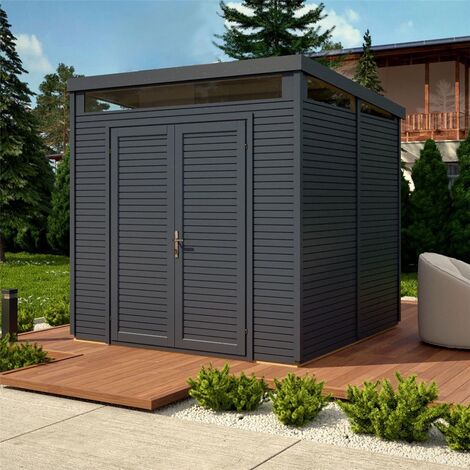 8 X 8 Pent Security Shed - Painted Anthracite - Double Doors - 19mm Tongue And Groove