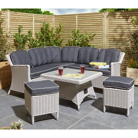 6 Seater Putty Grey Compact Rattan Weave Corner Dining Set - With Stools