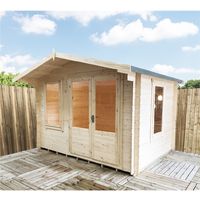 3.29m x 2.39m Premier Log Cabin With Half Glazed Double Doors and Single Window Front + Free Extra Side Window and Floor & Felt (19mm) (Show Site)