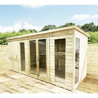 12 x 8 COMBI Pressure Treated Tongue & Groove Pent Summerhouse with Higher Eaves and Ridge Height + Side Shed + Toughened Safety Glass + Euro Lock with Key