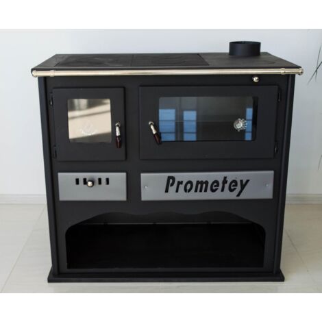 Prometey – Poêle à bois 11 kW avec four – Sortie de fumée supérieure – Chambre de combustion en briques réfractaires – Pour bois et charbon