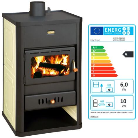 Prity – Poêle à bois 5 kW avec chaudière intégrée – Sortie de fumée supérieure 130 mm – Capacité 14L – Pour chauffage central jusqu'à 80 m² (1/4)