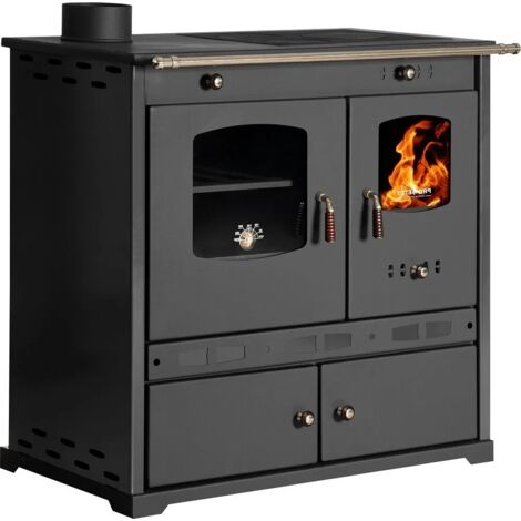 Prometey – Cuisinière à bois 7 kW – Classe A+ – Efficacité 83,63 % – Surface en fonte – Zone chauffée 30-80 m2 – Dimensions 81x46x80 cm