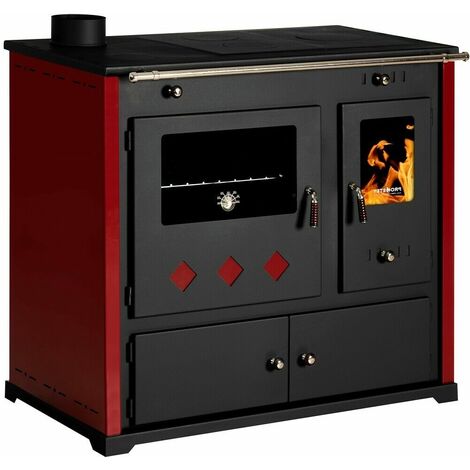 Prometey – Cuisinière à bois 9.5 kW – Rendement 87,54 % – Acier noir – Évacuation des fumées dessus – Dimensions 940x520x900 mm