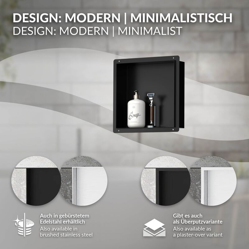 LuxeBath Niche De Douche Encastrée Murale 90x30x10 Cm - Acier Inoxydable Noir, Sans Rebord, Étagère Salle De Bain Étanche Avec Matériel De Montage