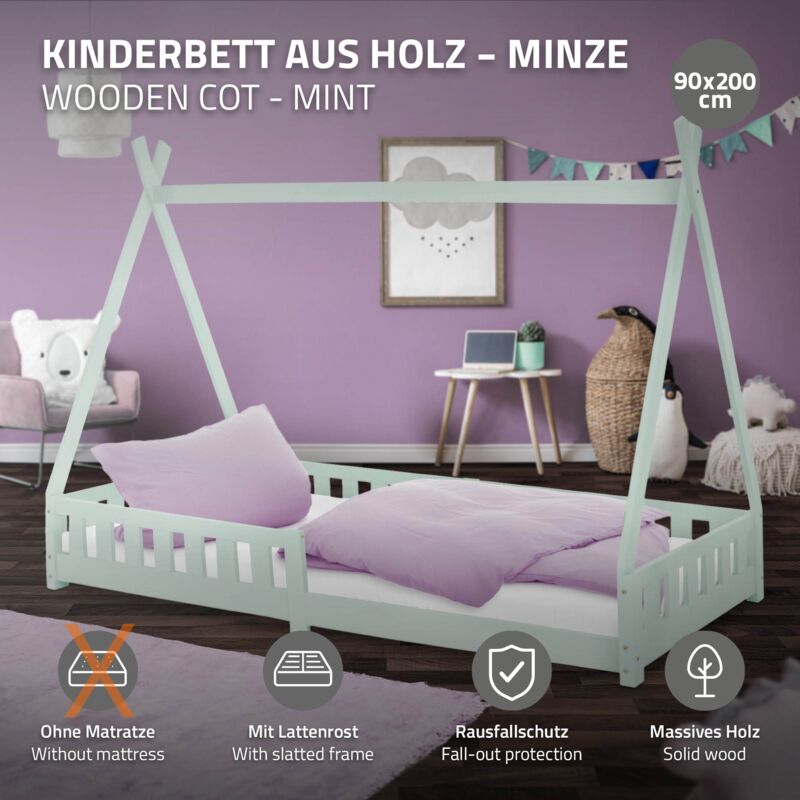 Lit pour enfant tipi tente indienne 90 x 200 cm en bois gris avec tissu et  sommier LIT06202