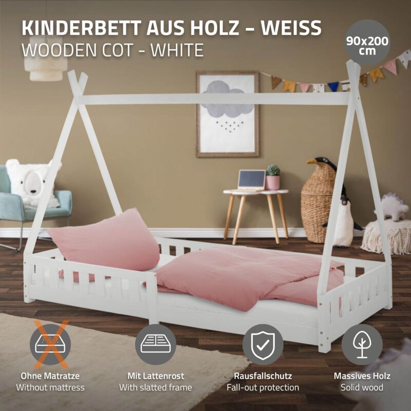 Lit D'enfants Tipi En Bois De Pin Blanc Protection Antichute + Matelas  200x90 Cm à Prix Carrefour