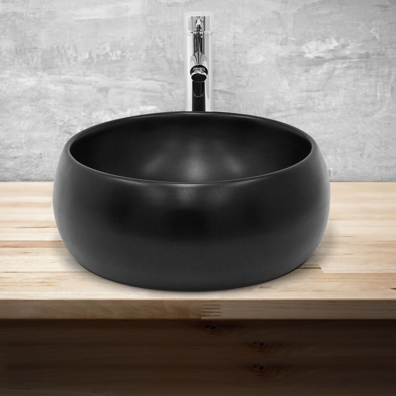 Lavabo Céramique Noir Mat à Poser - Vasque Ronde 40x15.5cm, Autoportante - Salle De Bain Moderne
