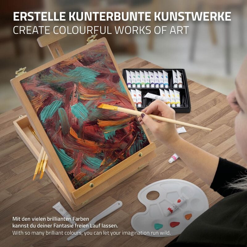 ECD Germany Kit de Peinture 34 pcs avec Acrylique avec Chevalet, 24  Peintures Acryliques, Châssis, Toile