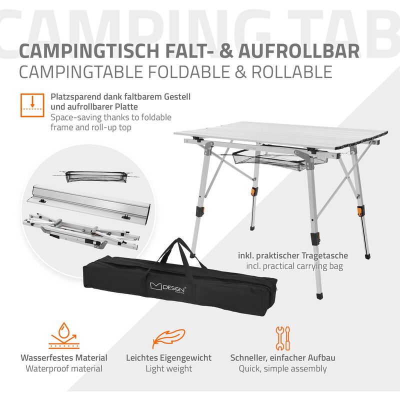 Table De Camping Pliante Aluminium Argent Plateau Enroulable + Sac