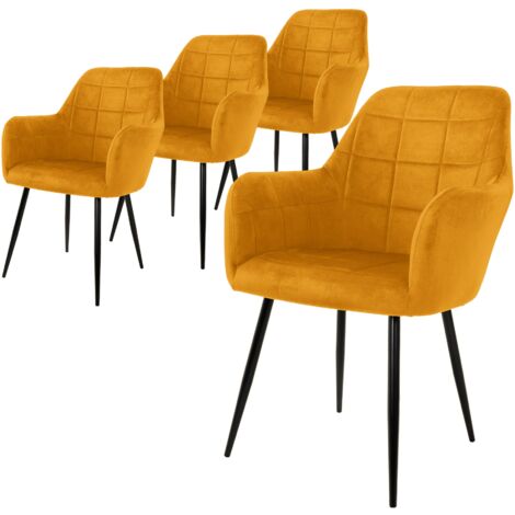 ECD Germany Set de 4x Chaises de Salle à Manger Moutarde, Style Moderne/Retro, Dossier et Accoudoirs Rembourrée Aspect Velours, Pieds en Métal Noir, Chaise Ergonomique, Fauteuil pour Salon/Chambre (1/5)