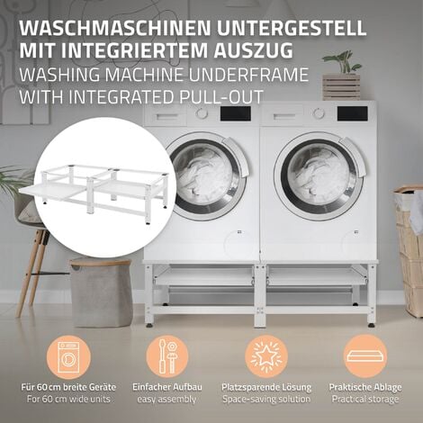 ML-Design Support Double pour Machine à Laver avec 2 Étagères Coulissantes, Blanc, en Acier, jusqu'à 2x 150kg+10 kg, Pieds Réglables, Socle pour Lave-Linges Standard, Support Base avec 2 Compartiments