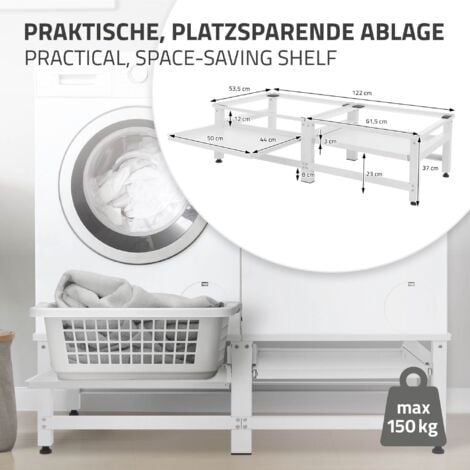 ML-Design Support Double pour Machine à Laver avec 2 Étagères Coulissantes, Blanc, en Acier, jusqu'à 2x 150kg+10 kg, Pieds Réglables, Socle pour Lave-Linges Standard, Support Base avec 2 Compartiments