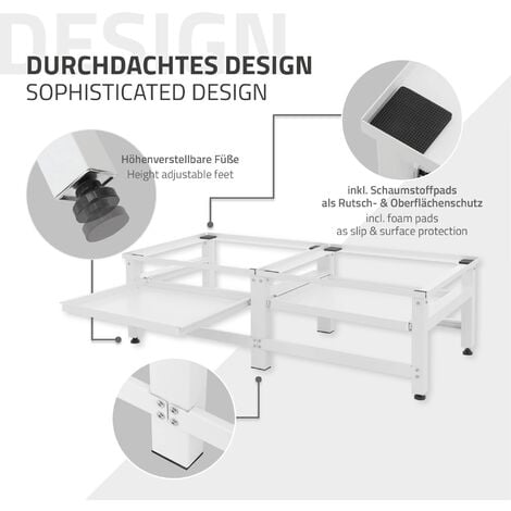 ML-Design Support Double pour Machine à Laver avec 2 Étagères Coulissantes, Blanc, en Acier, jusqu'à 2x 150kg+10 kg, Pieds Réglables, Socle pour Lave-Linges Standard, Support Base avec 2 Compartiments