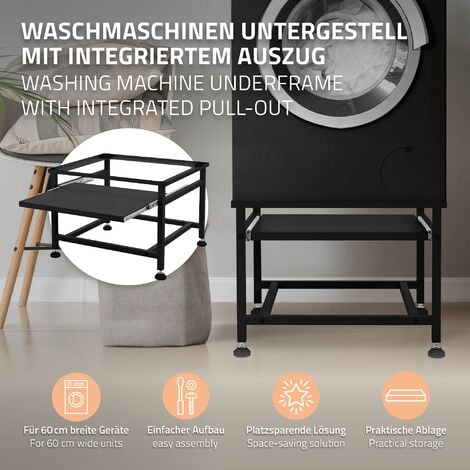 ML-Design Socle pour Machine à Laver avec Étagère Extensible, Noir, 62,5x53,5x45 cm, Acier, jusqu'à 150kg, Pieds Réglables en Hauteur, Podium Surélévation pour Armoire Basse, Support Standard Séchoir