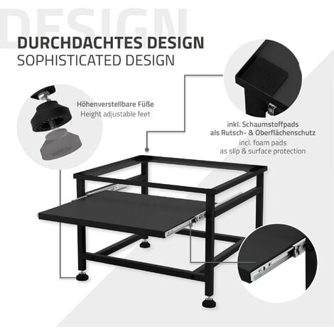 ML-Design Socle pour Machine à Laver avec Étagère Extensible, Noir, 62,5x53,5x45 cm, Acier, jusqu'à 150kg, Pieds Réglables en Hauteur, Podium Surélévation pour Armoire Basse, Support Standard Séchoir