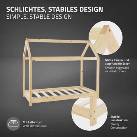 Lit De Sol Enfant En Forme De Maison 140x200 Cm - Cadre En Pin Massif Et MDF, Sans Matelas, Gris