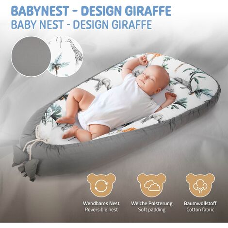 Joyz Nid de Bébé, Safari -Minky Gris Foncé, 90x50 cm, 100% Coton, Couverture Douillette, 2 Faces, Housse Amovible, Cocon Bébé Portable, Antiallergique, Lit de Bébé Nouveau-né, Nid Multifonction Voyage