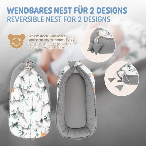 Joyz Nid de Bébé, Safari -Minky Gris Foncé, 90x50 cm, 100% Coton, Couverture Douillette, 2 Faces, Housse Amovible, Cocon Bébé Portable, Antiallergique, Lit de Bébé Nouveau-né, Nid Multifonction Voyage
