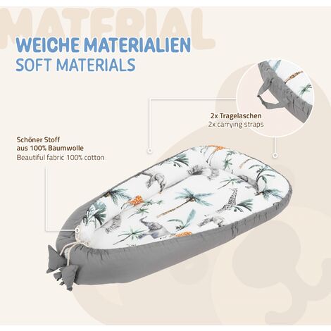 Joyz Nid de Bébé, Safari -Minky Gris Foncé, 90x50 cm, 100% Coton, Couverture Douillette, 2 Faces, Housse Amovible, Cocon Bébé Portable, Antiallergique, Lit de Bébé Nouveau-né, Nid Multifonction Voyage