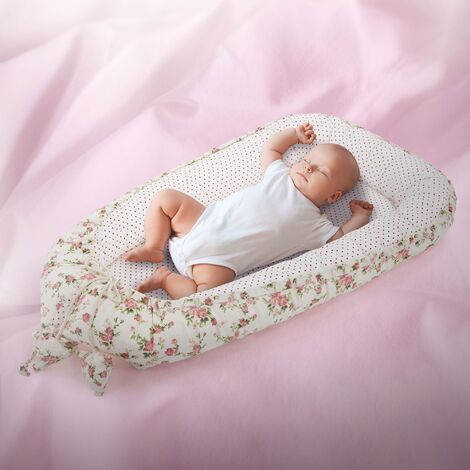 Joyz Nid de Bébé, Fleurs - Minky Blanc, 90x50 cm, 100% Coton, Couverture Douillette, 2 Faces, Housse Amovible, Cocon de Bébé Portable, Antiallergique, Lit de Bébé Nouveau-né, Nid Multifonction Voyage