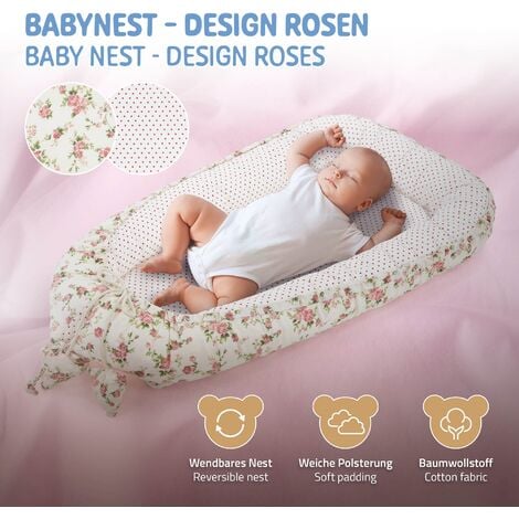 Joyz Nid de Bébé, Fleurs - Minky Blanc, 90x50 cm, 100% Coton, Couverture Douillette, 2 Faces, Housse Amovible, Cocon de Bébé Portable, Antiallergique, Lit de Bébé Nouveau-né, Nid Multifonction Voyage