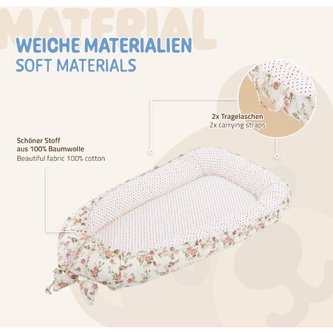 Joyz Nid de Bébé, Fleurs - Minky Blanc, 90x50 cm, 100% Coton, Couverture Douillette, 2 Faces, Housse Amovible, Cocon de Bébé Portable, Antiallergique, Lit de Bébé Nouveau-né, Nid Multifonction Voyage