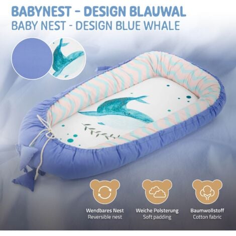 Joyz Nid de Bébé, Baleine-Minky Bleu Foncé, 90x50 cm, 100% Coton, Couverture Douillette, 2 Faces, Housse Amovible, Cocon Bébé Portable, Antiallergique, Lit de Bébé Nouveau-né, Nid Multifonction Voyage