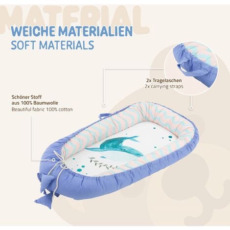 Joyz Nid de Bébé, Baleine-Minky Bleu Foncé, 90x50 cm, 100% Coton, Couverture Douillette, 2 Faces, Housse Amovible, Cocon Bébé Portable, Antiallergique, Lit de Bébé Nouveau-né, Nid Multifonction Voyage