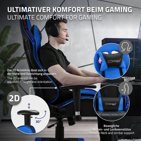 Chaise Gamer Avec LED RGB Et Haut-Parleurs Bluetooth - Similicuir Noir - Ergonomique, Pivotante