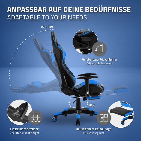 GTPALYER Fauteuil Gaming Relax Dossier Inclinable Repose-Pieds Ajustable  Matériau en Cuir de PU (Bleu)