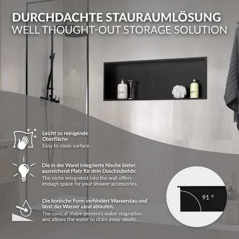 Douche Murale En Acier Inoxydable Avec LED - Étagère Encastrée 60x30 Cm, Noire, Installation Sans Carrelage - 8