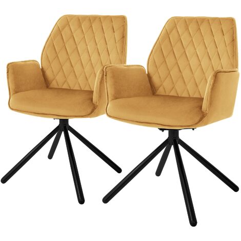 Set De 2 Chaises De Salle à Manger - Velours Moutarde, Pieds Métal Noir - Assise Rembourrée, Accoudoirs