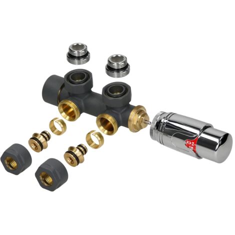 LuxeBath Kit de Raccordement Robinetterie à Clapet Multibloc, Anthracite, Forme d'Angle, avec Tête Thermostatique, pour Radiateur avec Raccord Central, Garniture de Connexion avec Thermostat