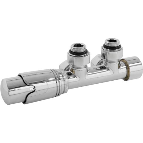 LuxeBath Set de Raccordement Thermostatique Chromé Multiblock Forme d'Angle avec Tête Thermostatique pour Radiateur Salle de Bain, Raccord Central au Bas Compatible Chauffage à Eau Design Élégant