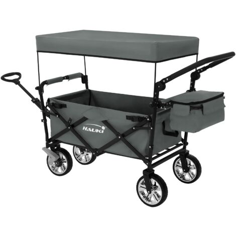 Hauki Chariot de Transport Pliable avec Toit et Sac, Gris, à Main à Pousser et Tirer, Roues Avant Pivotantes à 360° avec Freins, Charge Max.120 kg, pour Enfants, de Jardin, Plage