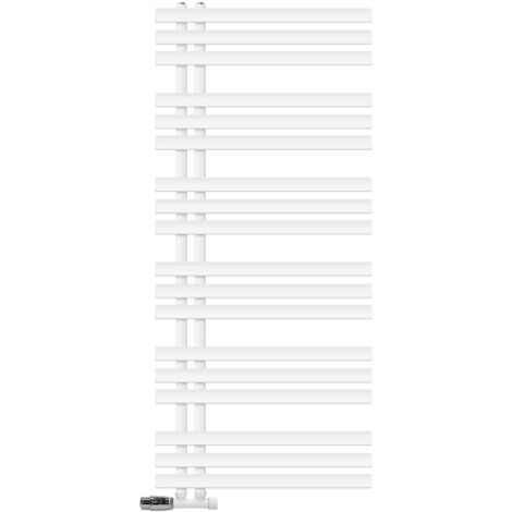 LuxeBath Radiateur de Salle de Bain Iron EM 600x1400 mm Blanc Raccord Central au Bas avec Garniture de Raccordement Forme d'Angle au Mur et Thermostat, Sèche-Serviettes avec Kit de Montage Mural (1/5)