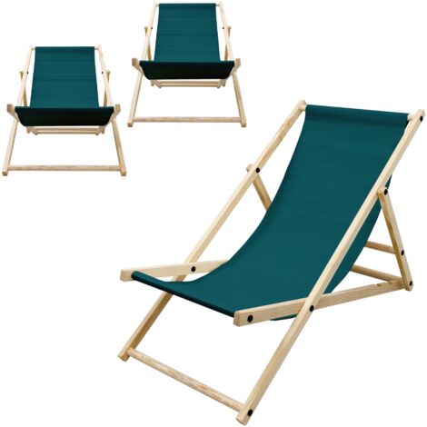 ECD Germany Lot de 3 Chaises Longues Pliantes en Bois Chiliennes, Vert Foncé, Dossier Réglable, 3 Positions de Couchage, jusqu'à 120kg, Bain de Soleil en Tissu pour la Plage Jardin Terrasse Camping (1/5)