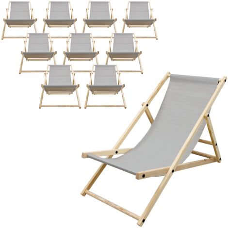 ECD Germany Lot de 10 Chaises Longues Pliantes en Bois Chiliennes, Gris Clair, Dossier Réglable, 3 Positions de Couchage, jusqu'à 120kg, Bain de Soleil en Tissu pour la Plage Jardin Terrasse Camping