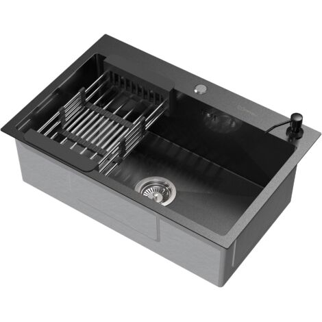 ML-Design Évier de Cuisine, 68x45cm, avec Vidage, Distributeur de Savon et Panier-Égouttoir, en Acier Inoxydable, Anthracite, Évier avec Bassin, Montage à Poser ou à Encastrer, Lavabo Évier Domestique (1/5)