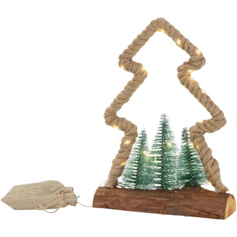 ECD Germany Sapin de Jute à LED avec Éclairage LED 23x6,5x30 cm, Arbre de Noël Décoratif en Corde avec 30 LED Blanc Chaud, 3 Sapins, Sac en Jute, Fonctionne sur Piles (Non inclus), Minuterie (1/5)